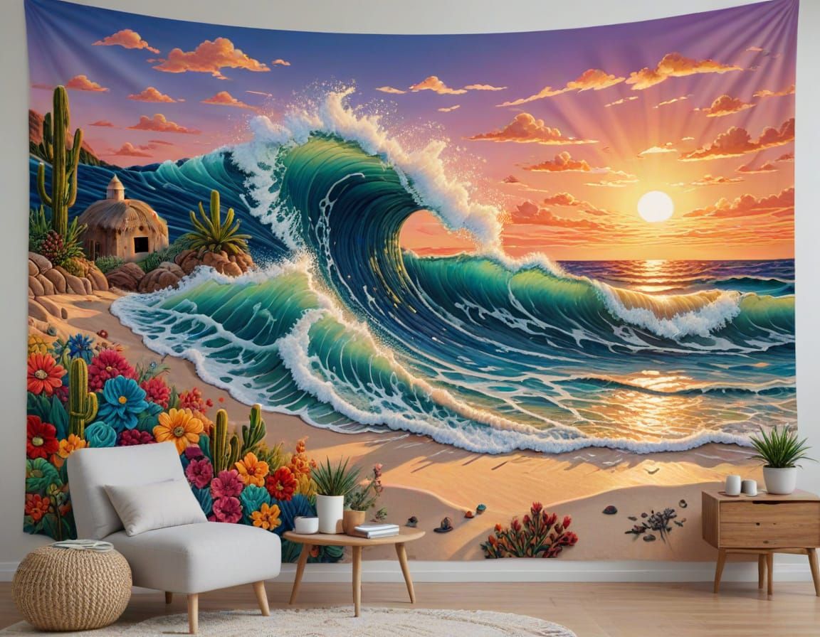 Vibrant Mexican Seascape Embroidered Art