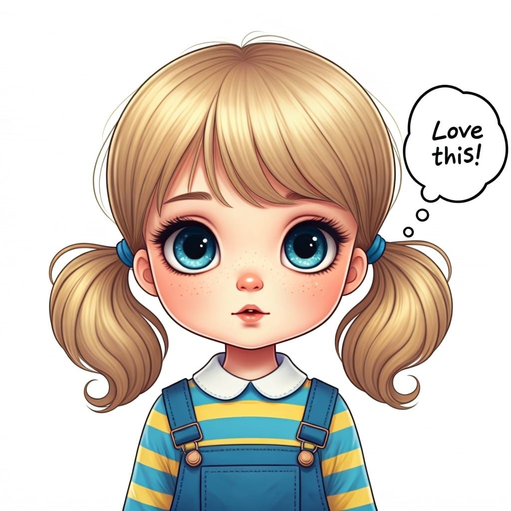 Child with Thought Bubble in Chibi-Eyed Doll Style