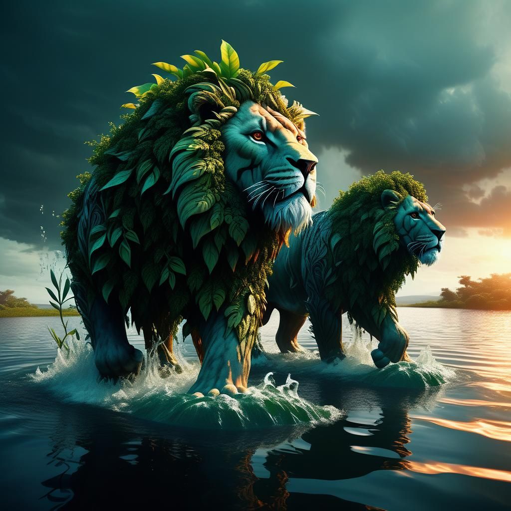 Botanical Lion Walking on Water: Digital Matte Painting