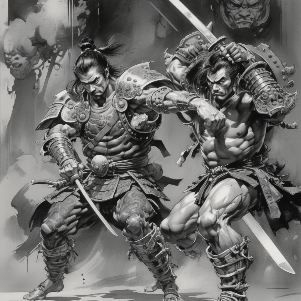 Art by Yoshitaka Amano and Frank Frazetta, traditional samurai warriors, practicing martial arts in a modern gym, using ...