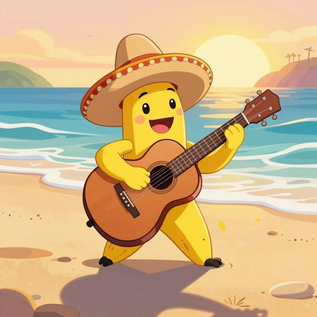 Banana Musician on Beach in Cartoon Style