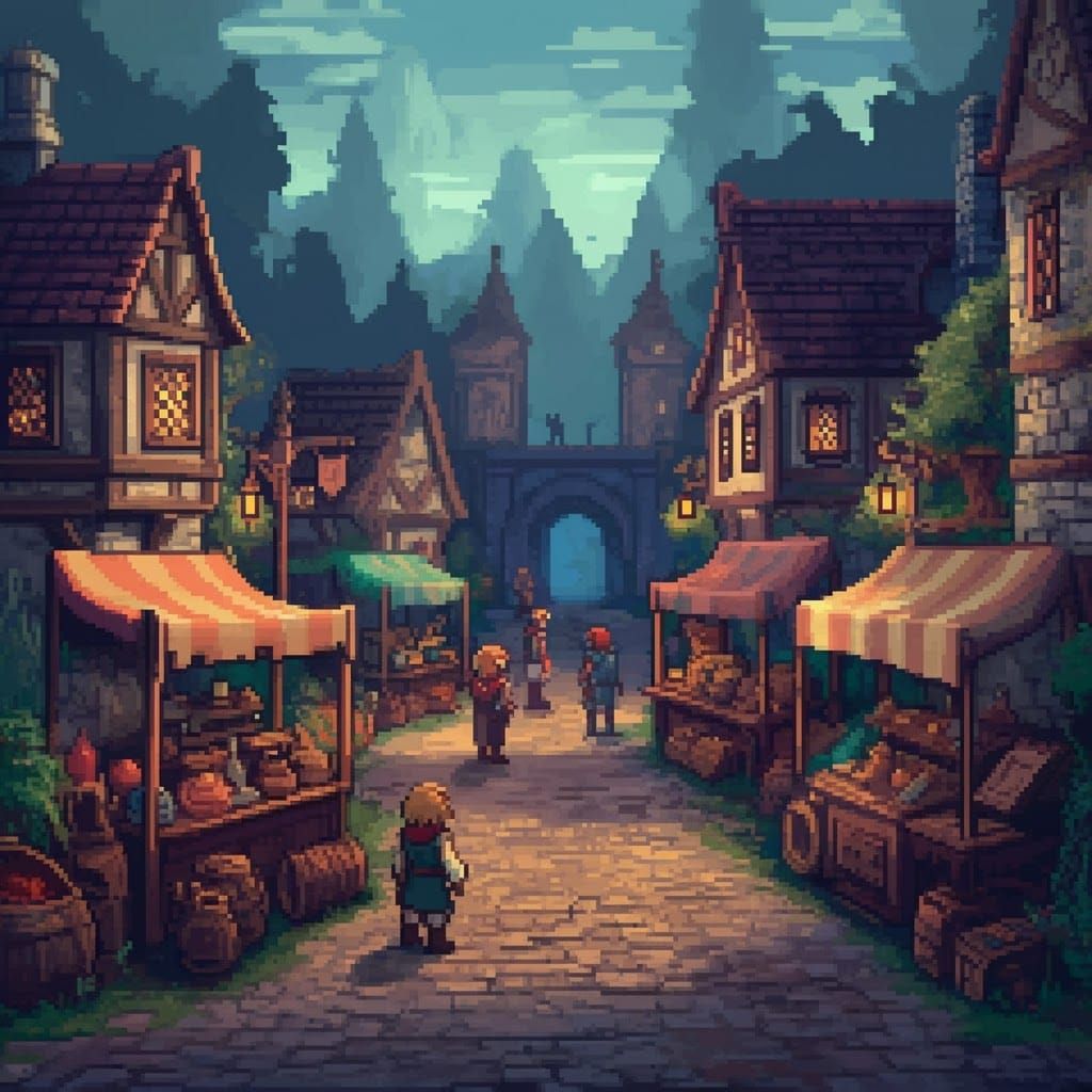 Vibrant 8-Bit Fantasy Village with Intricate Pixel Art