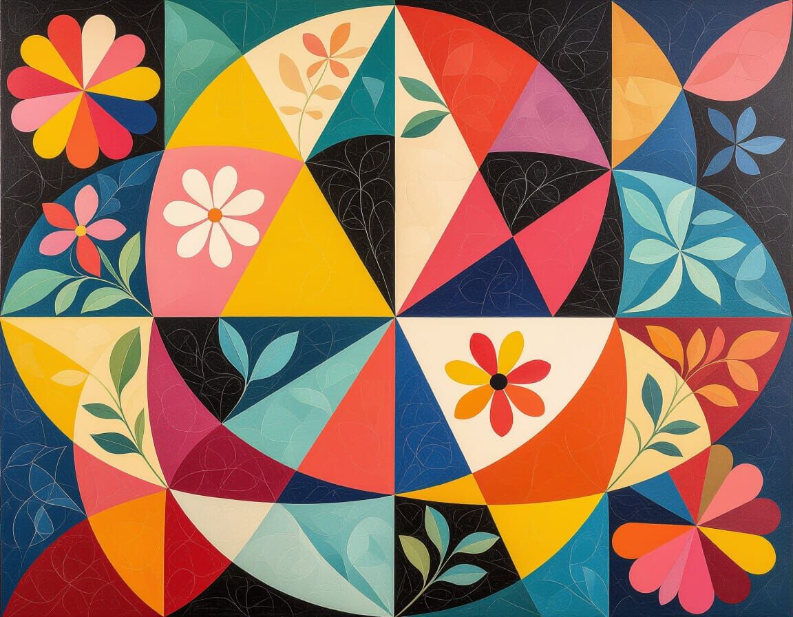 Vibrant Abstract Art: Triangles, Circles, and Floral Pattern...
