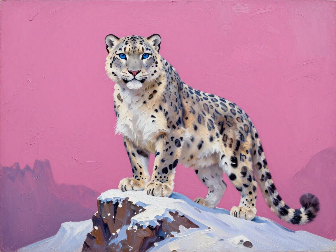 Snow Leopard on Mountain Peak in Oil Painting Style