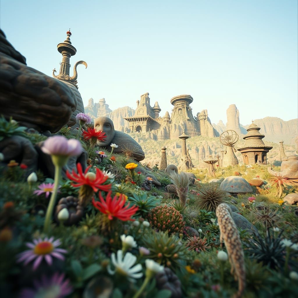 Surreal Landscape with Bizarre Flora, in Moebius Style