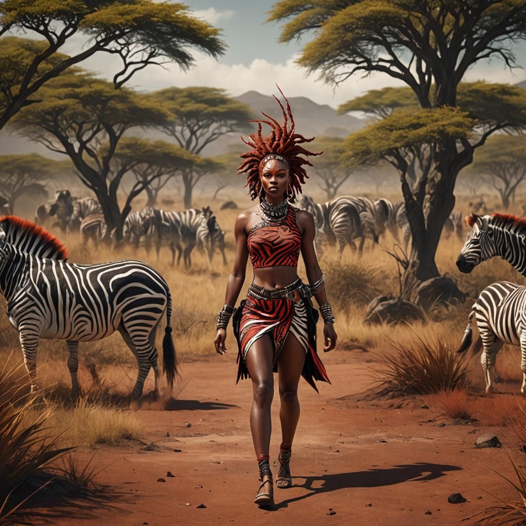 Zebra Girl in African Savanna: Detailed Digital Painting
