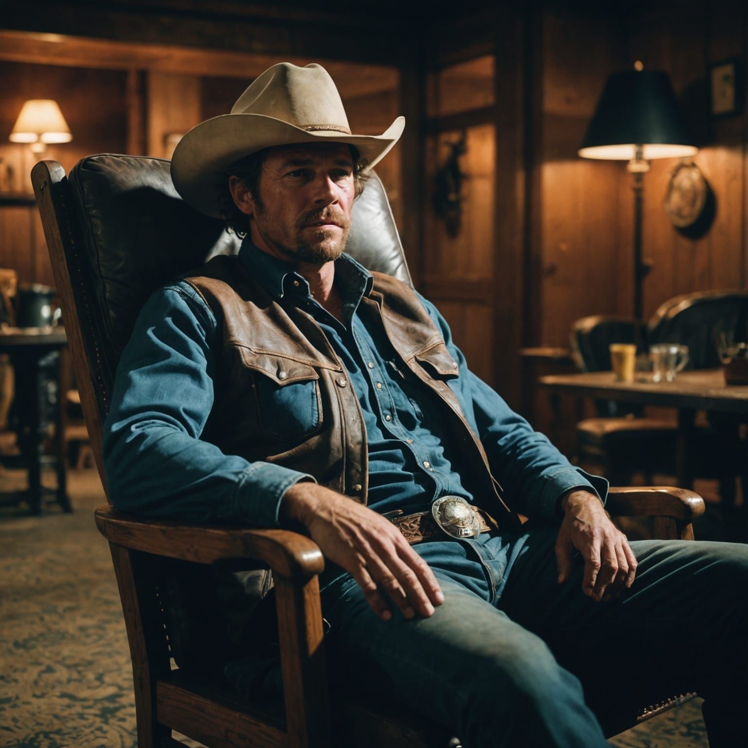Exhausted Cowboy in Chair: Cinematic Film Still