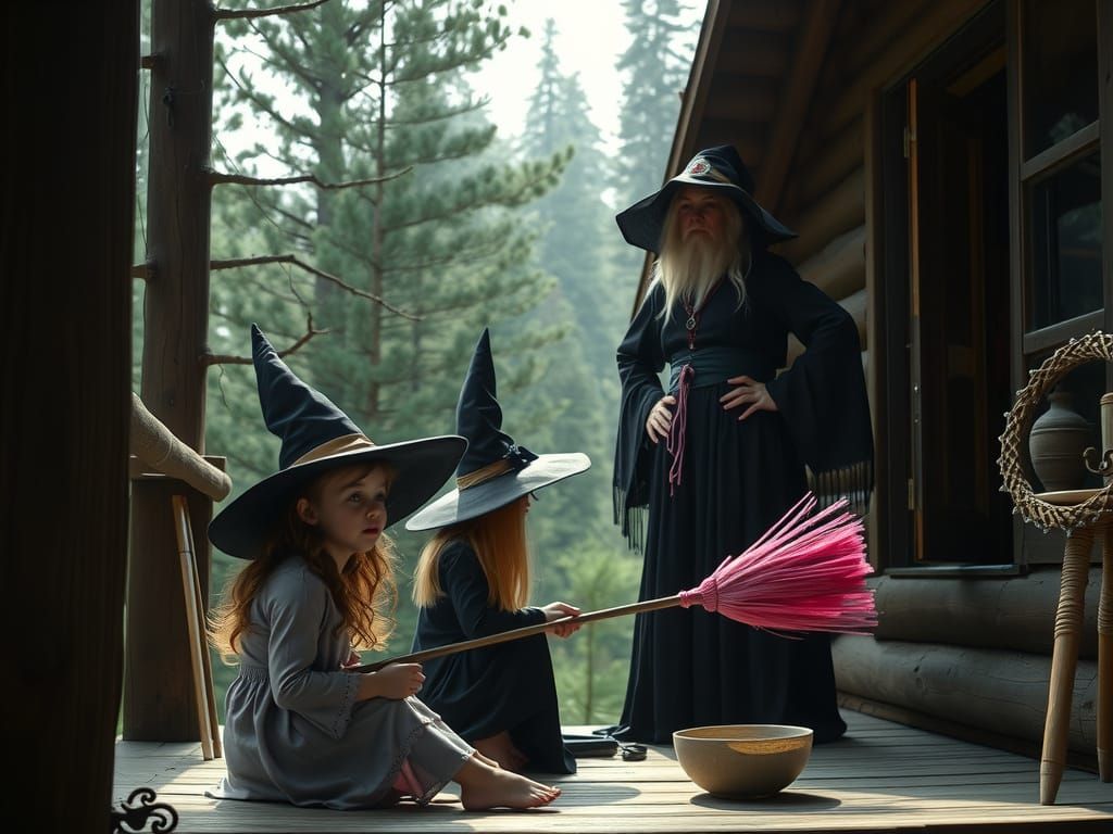 Young Witch Paints Broom Pink While Older Witch Watches Angr...