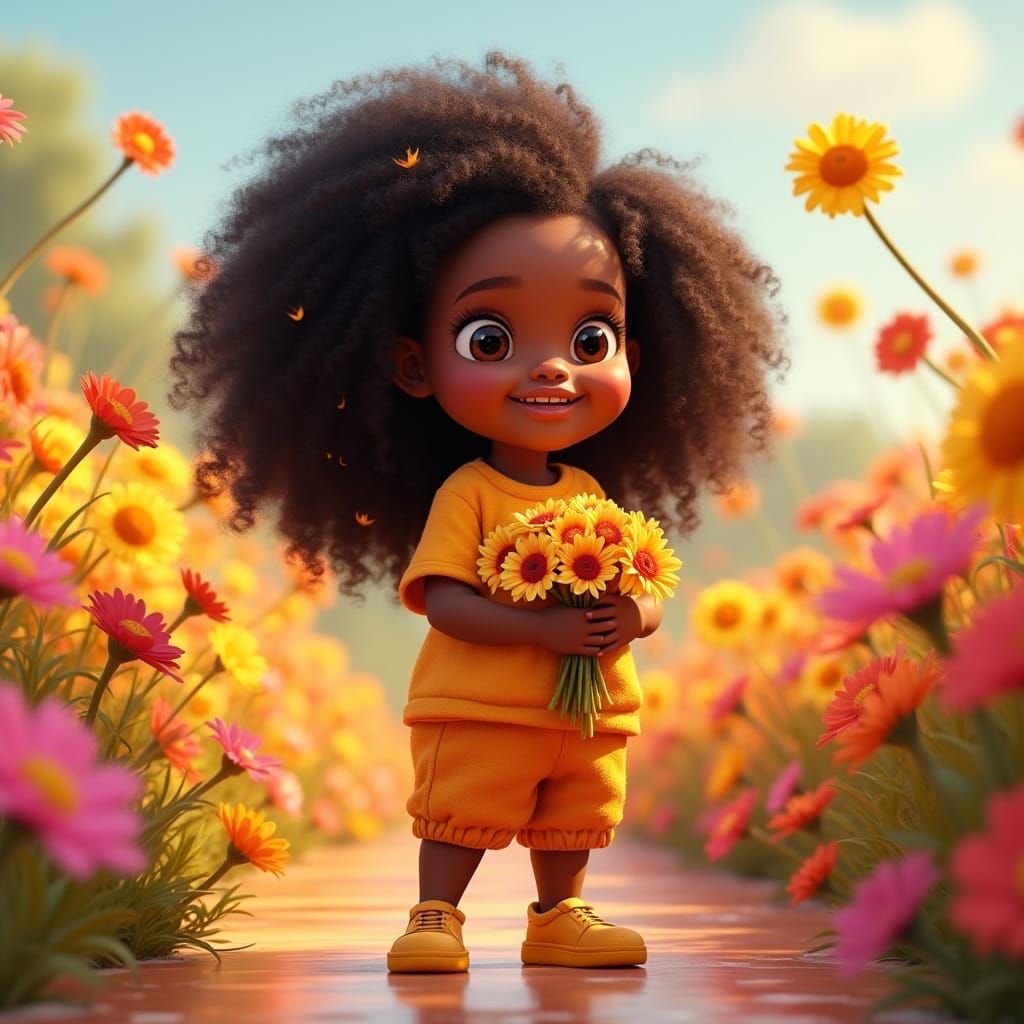 Joyful Black Teen Surrounded by Vibrant Flowers in a Festive...