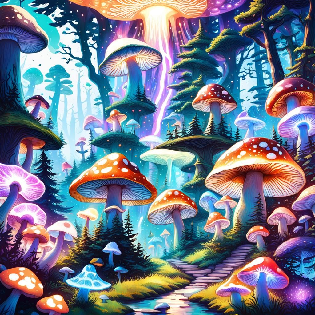 Cosmic Mushroom Village Illustration in Astral Style