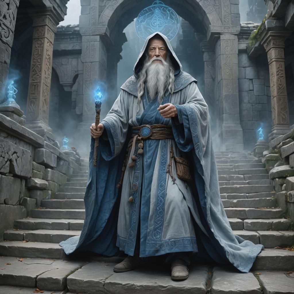 Wizard on Ancient Steps in Fantasy Art Style