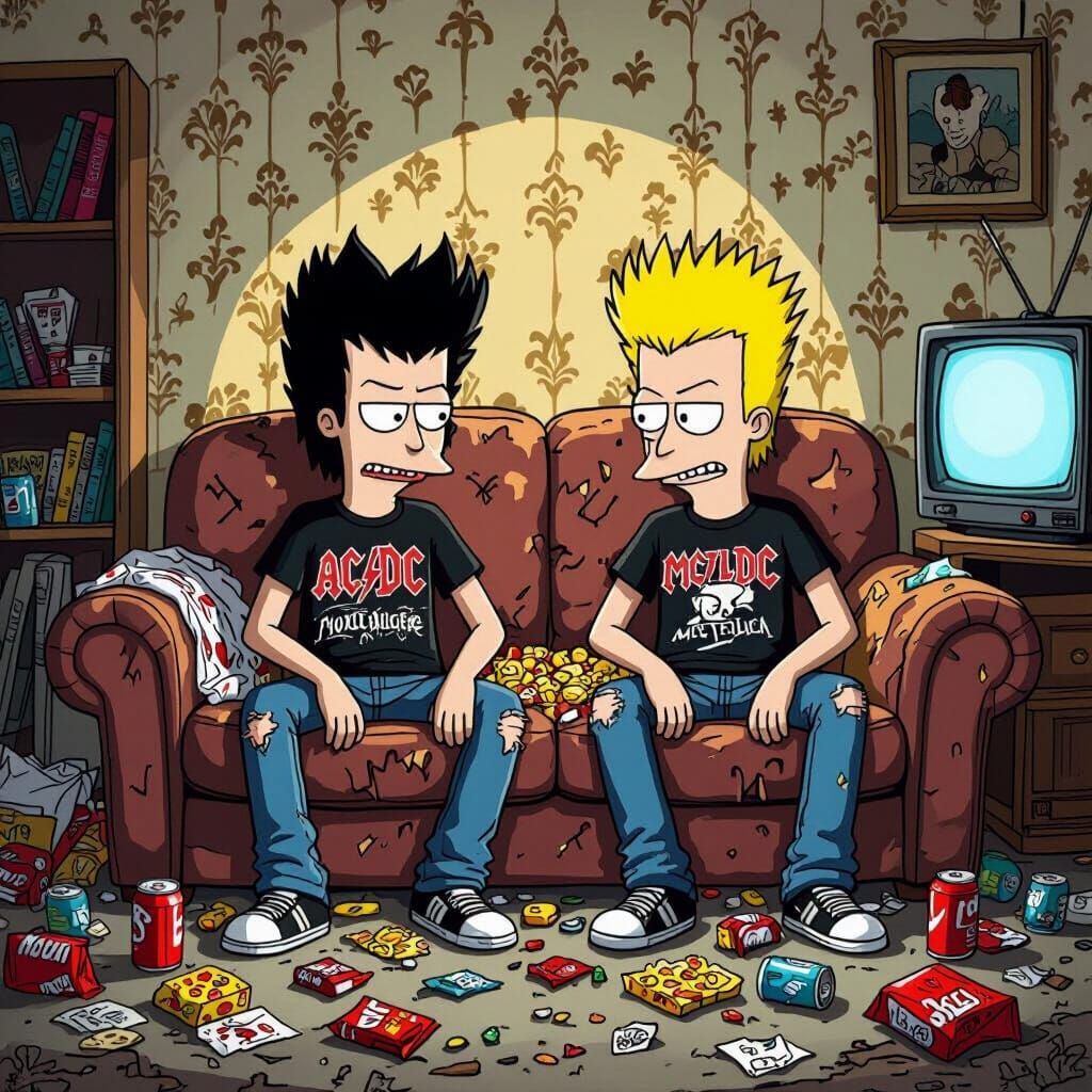 Beavis and Butthead in a Cluttered Living Room