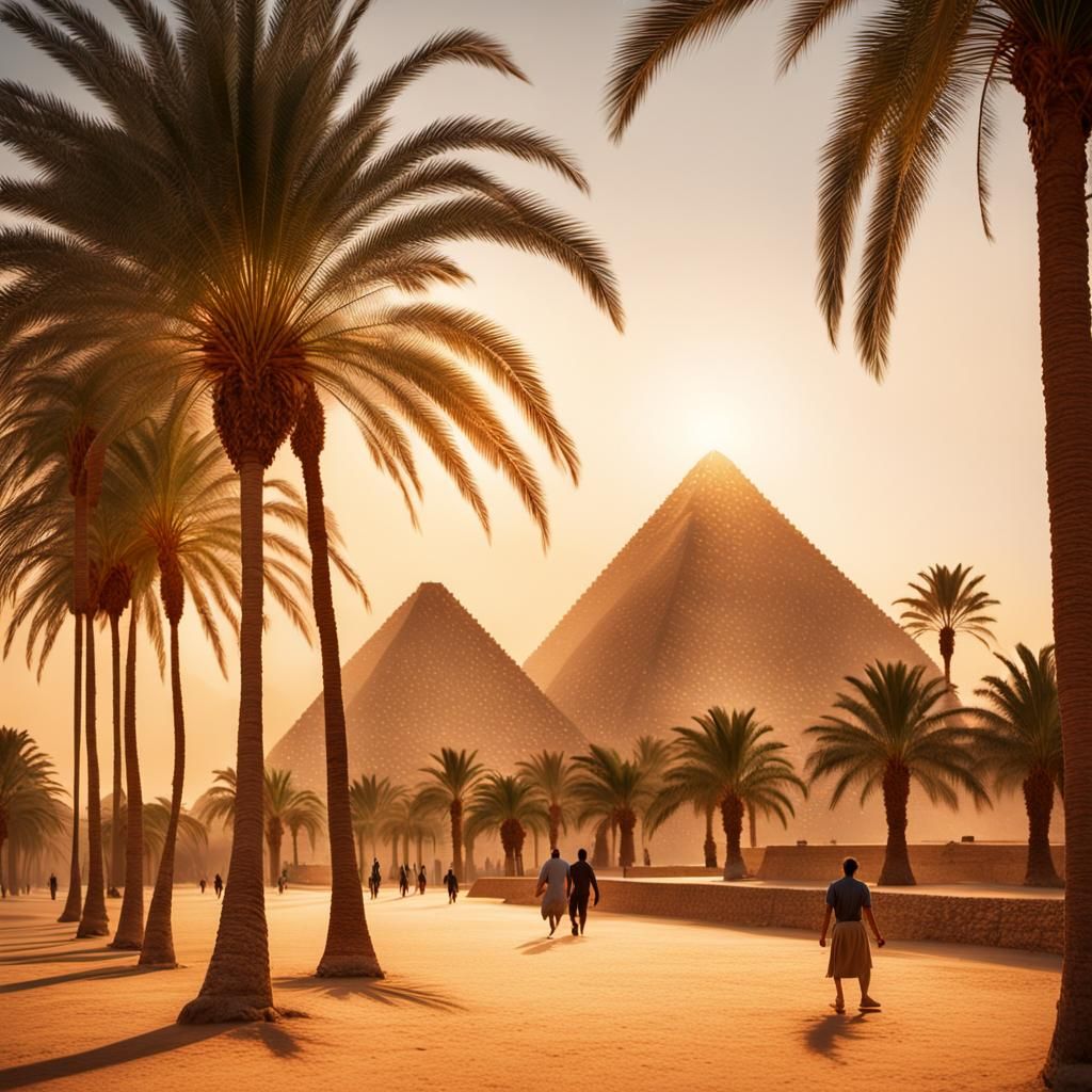 Palm Trees and Pyramids in Golden Hour Light