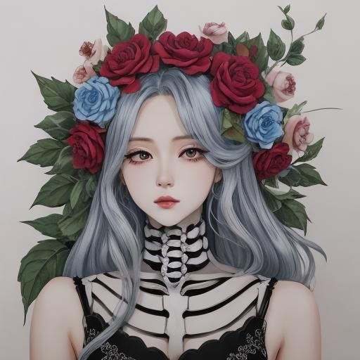 Manhwa Skeleton Surrounded by Gouache Camellias