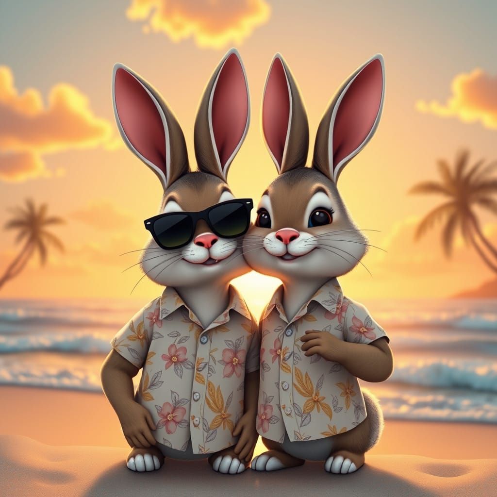 Charming Cartoon Bunny Couple Basks in Tropical Bliss