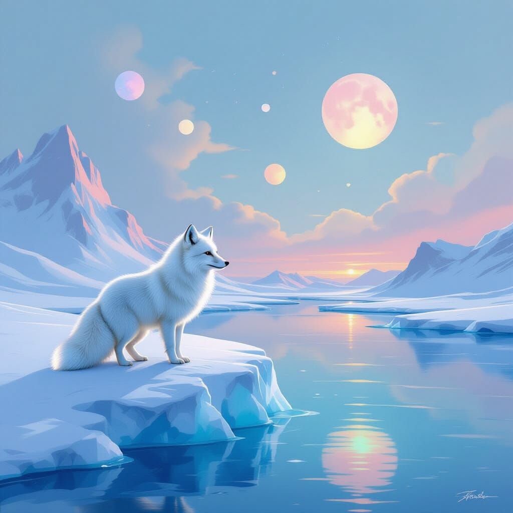 Arctic Fox Under Celestial Sky in Matte Painting Style