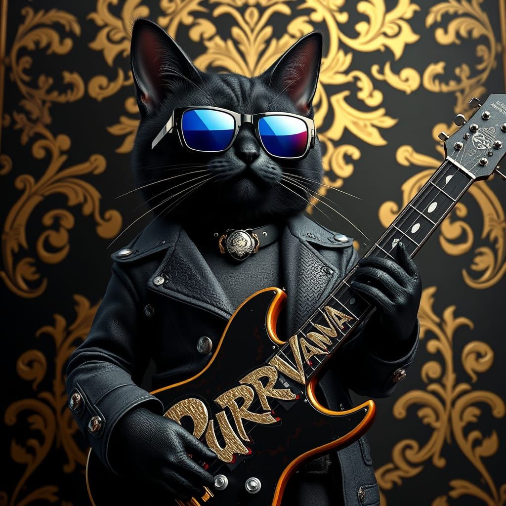 Majestic Black Cat Rockstar in 3D Anime Art Style