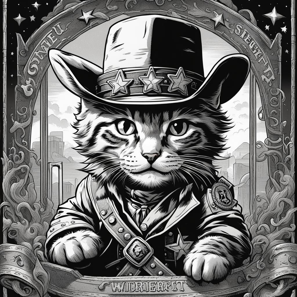 Tabby Kitten Sheriff in Tenniel Style Drawing
