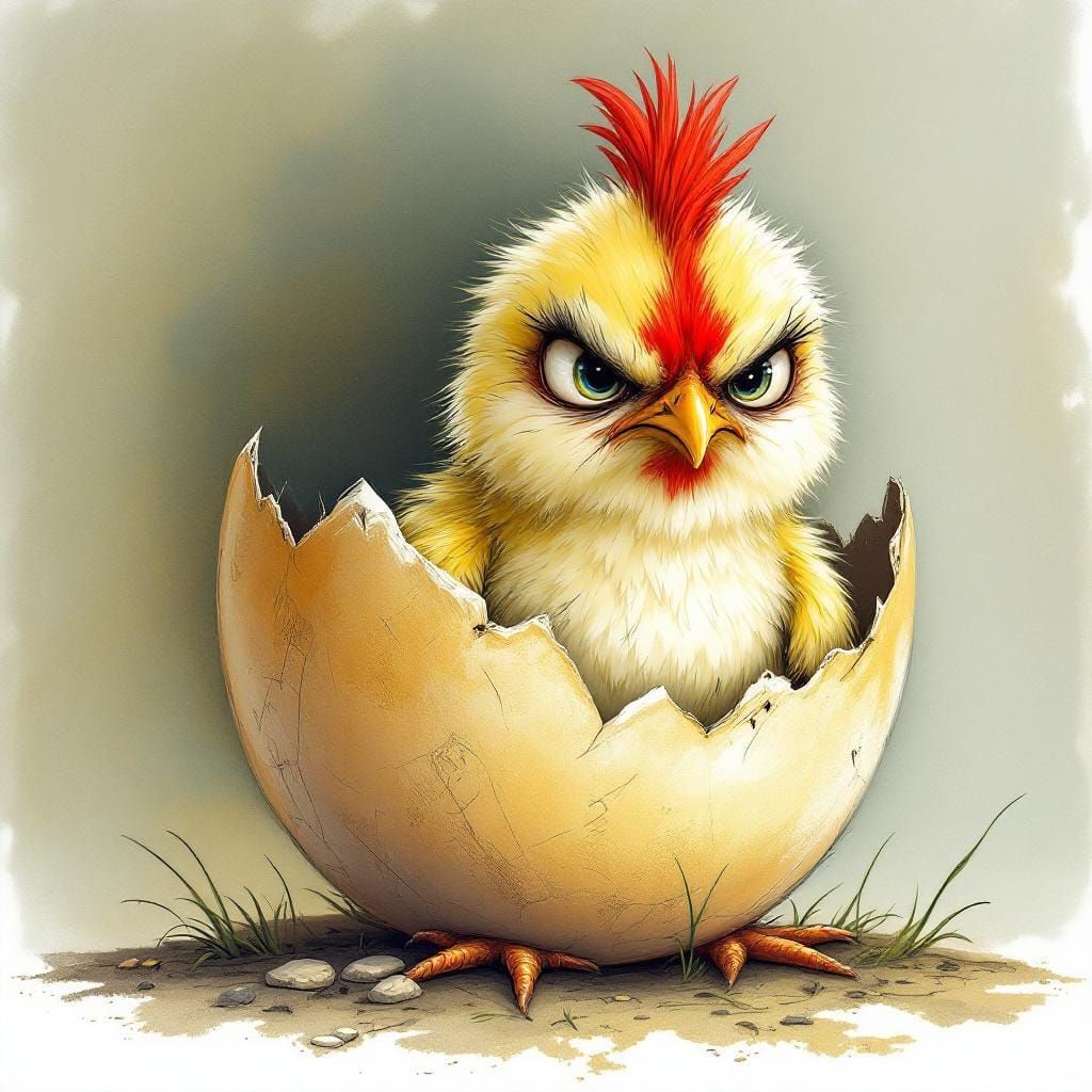 Grumpy Chick in Egg Shell Fantasy Illustration