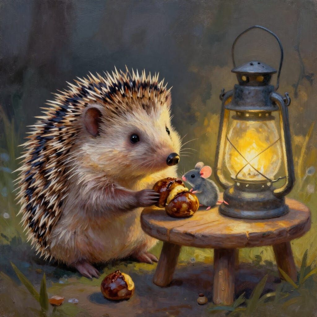 Hedgehog and Mouse Share Chestnuts by Lantern Light in Oil P...