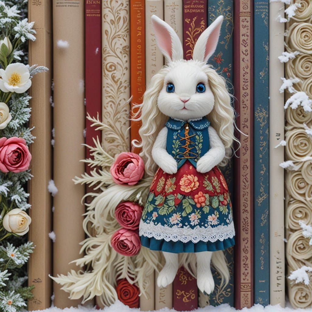 Surreal Victorian Bunny in a Floral Snowy Wonderland