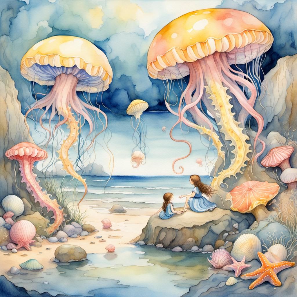 Fairies Playing with Jellyfish: Watercolour Illustration