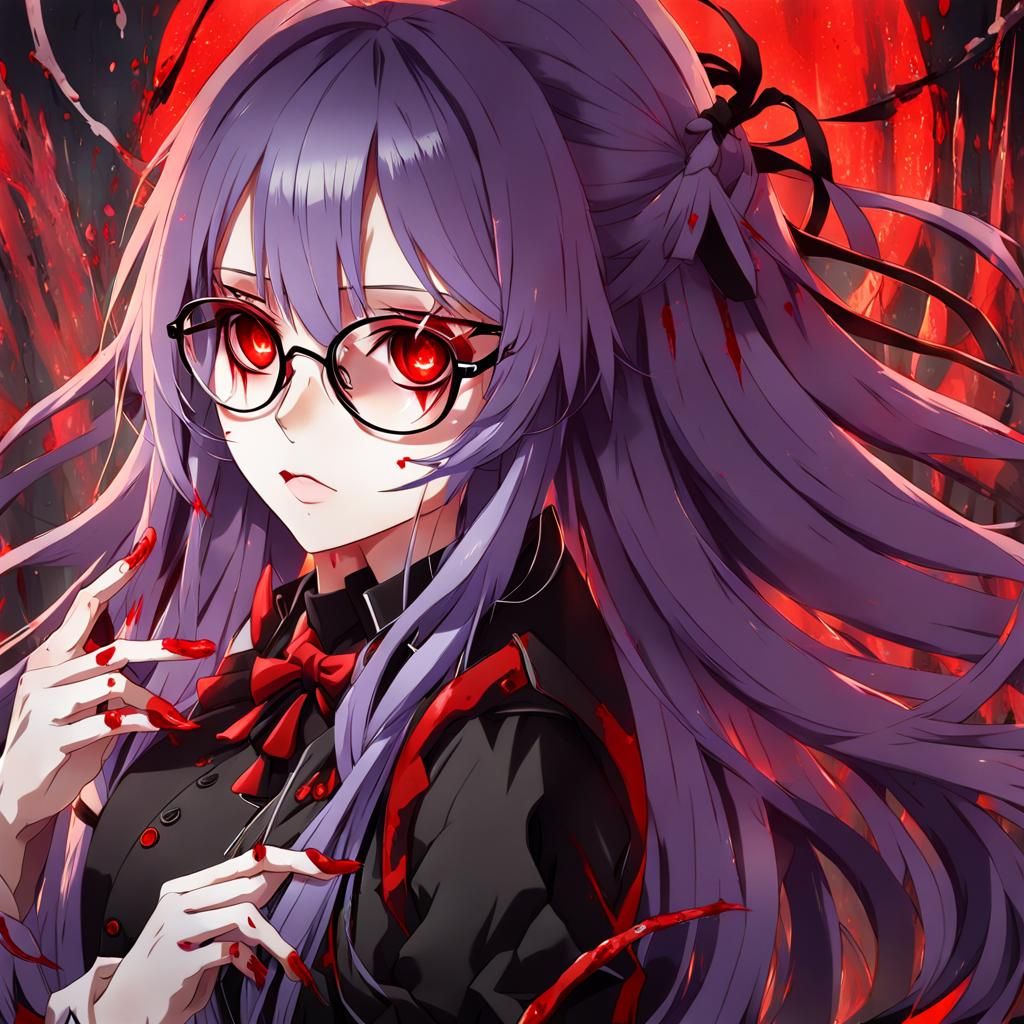 anime girl long lavender hair, red eyes, bloody hands, glasses