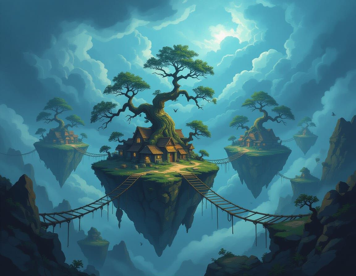 Floating Islands Connected by Rope Bridges in Stormy Sky