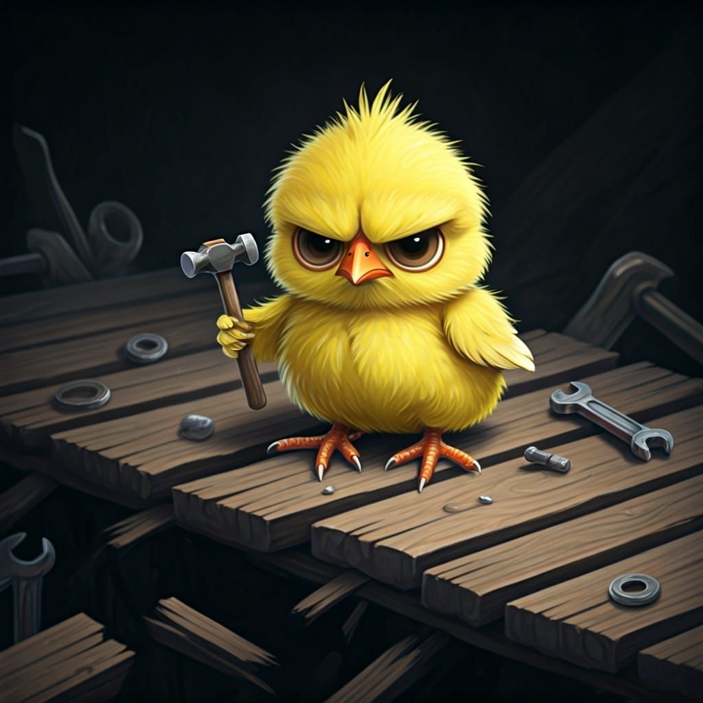 Grumpy Chick on Collapsed Bridge: Pastel Illustration