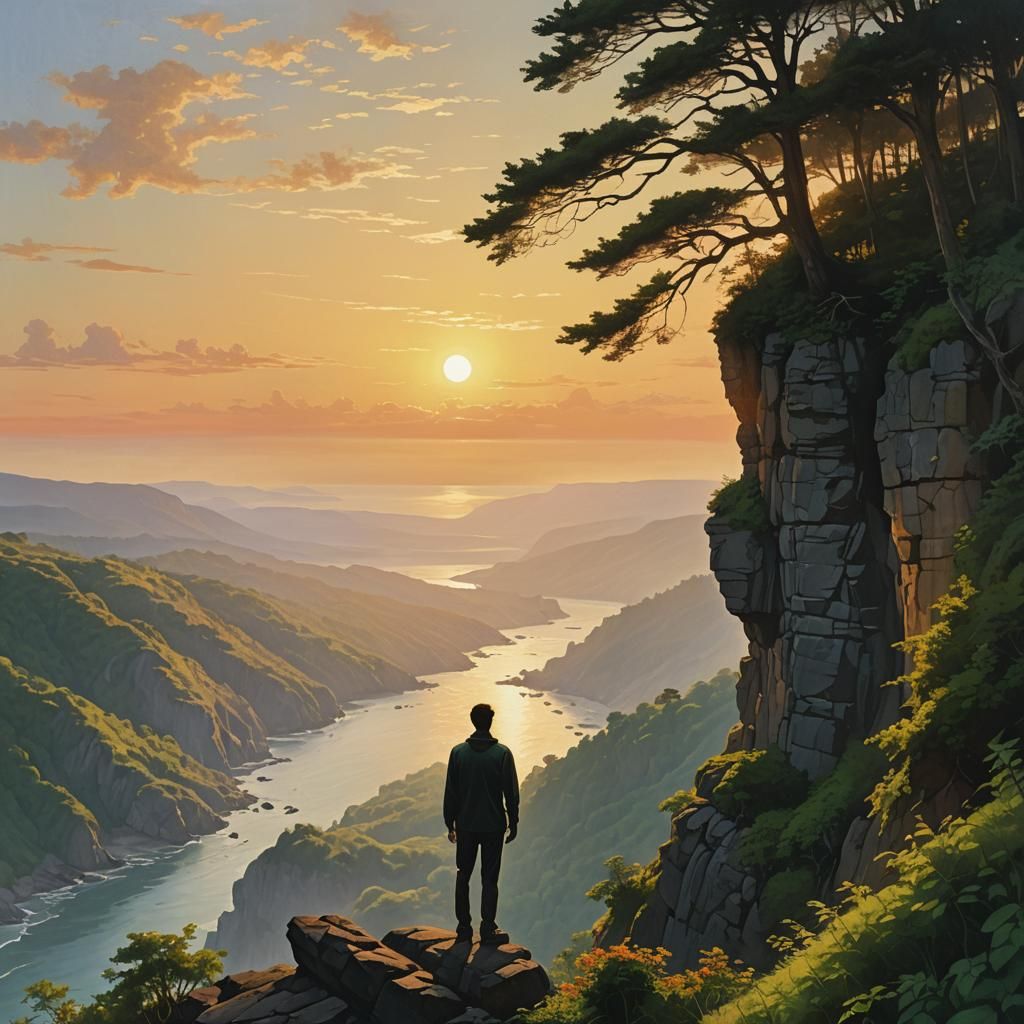 Man Silhouetted at Cliff Edge During Sunrise