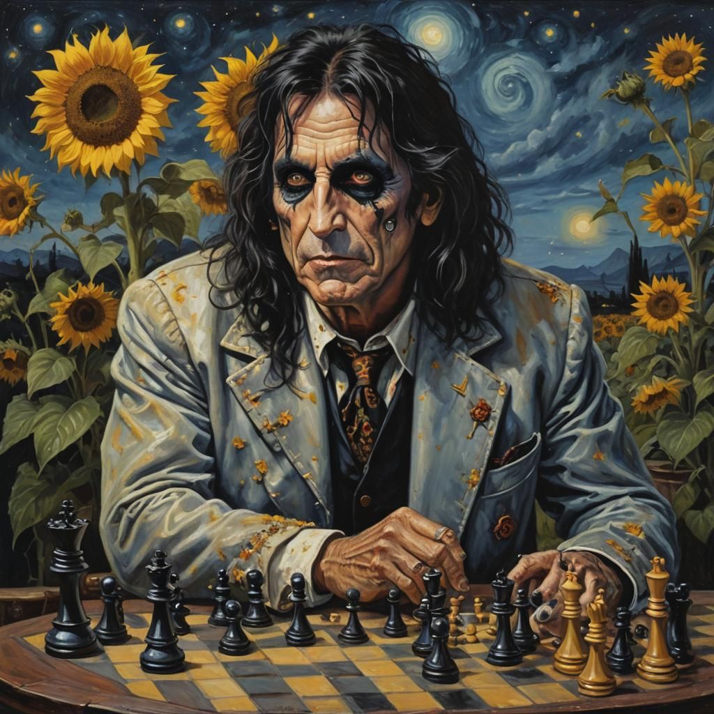 Surreal Chess Game in Starry Night Style