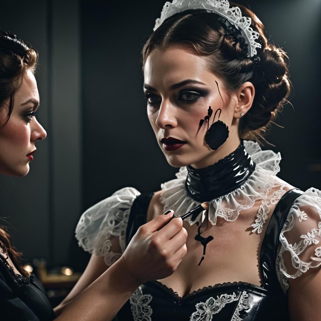 French Sissy Maid Applying Makeup in Latex Dress