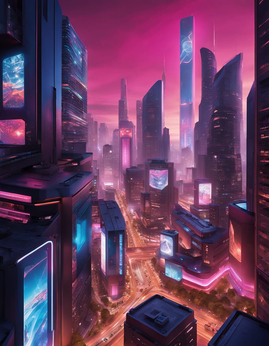 Dazzling Futuristic Cityscape at Night in Cyberpunk Style