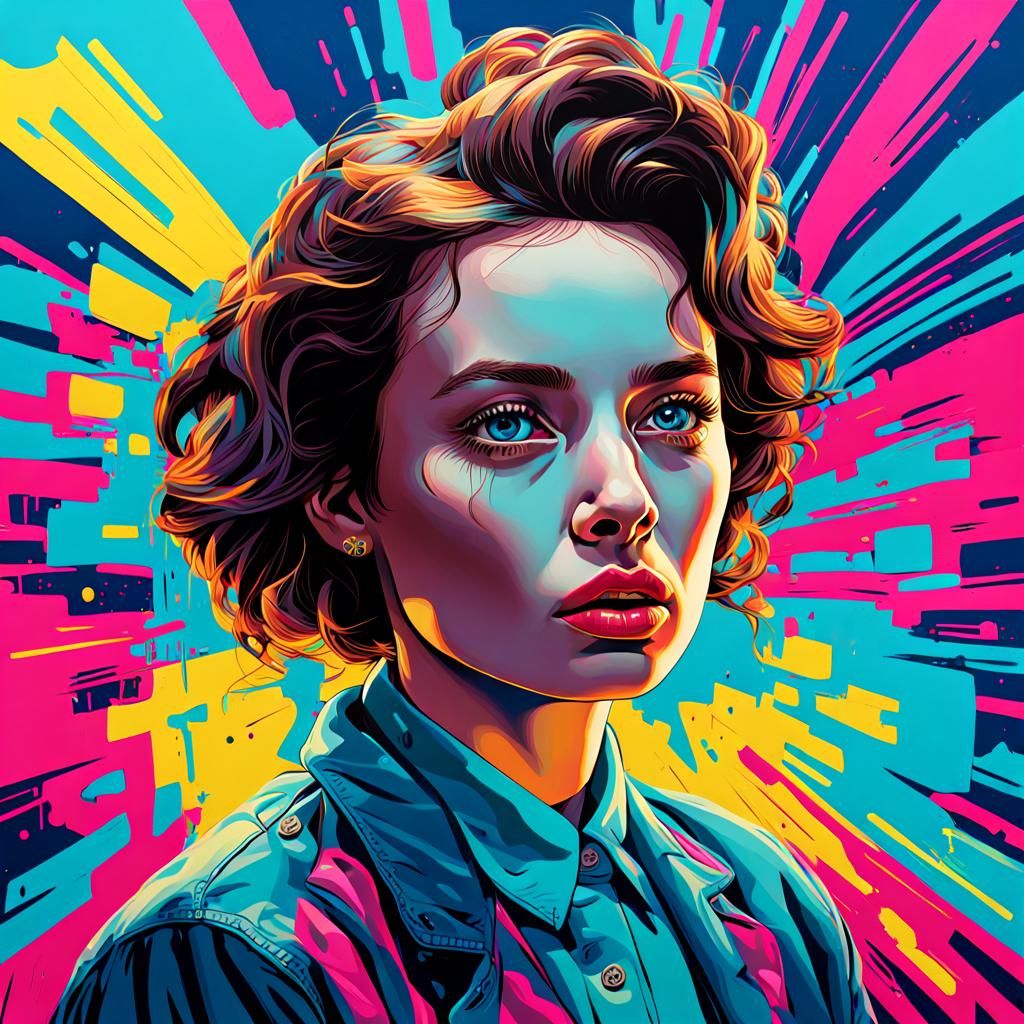 Pop Art Woman with Cylinders, Vibrant Screen Print Style