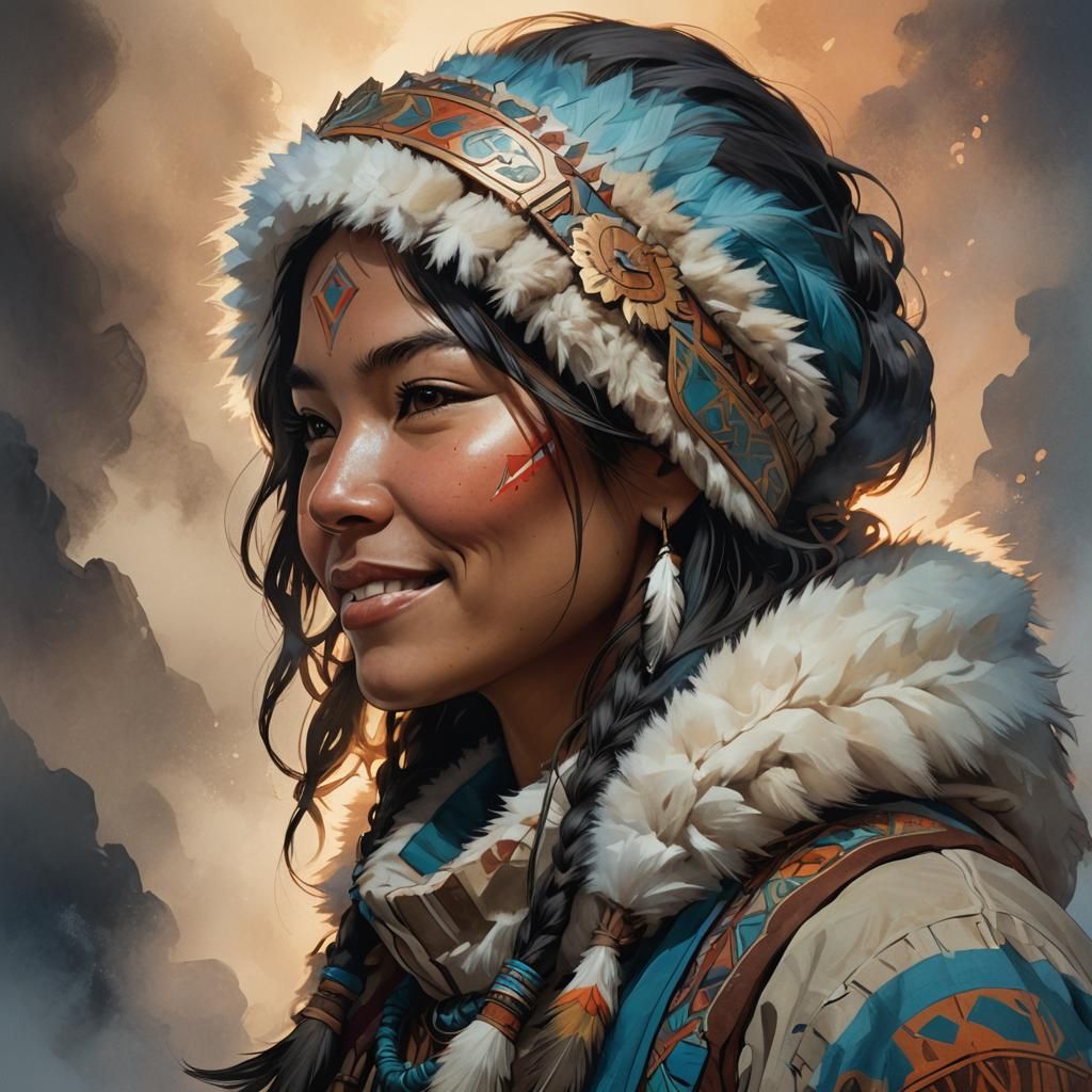 Eskimo Woman Portrait with Smokey Background