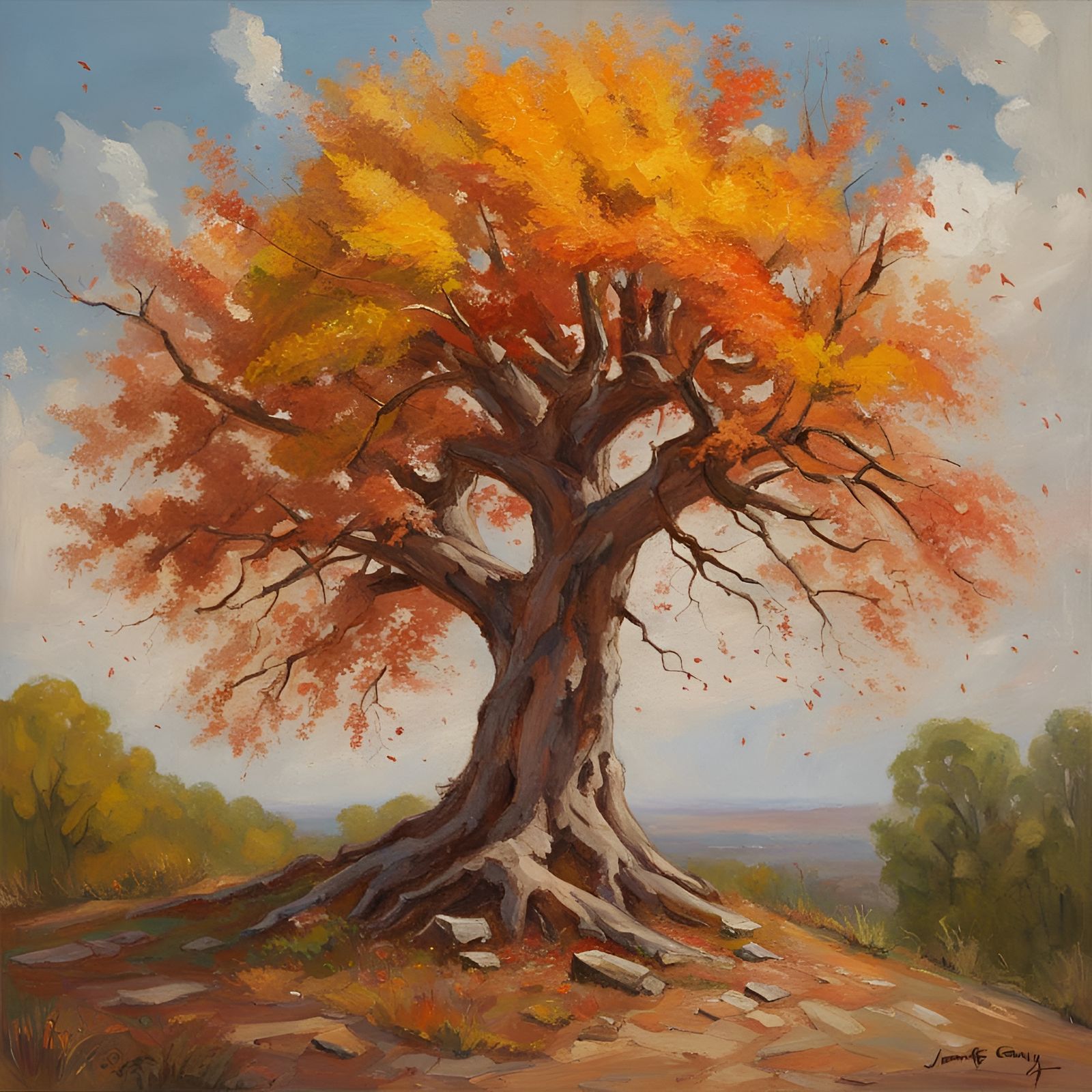 Tree Representing Fall and Spring as Oil Painting
