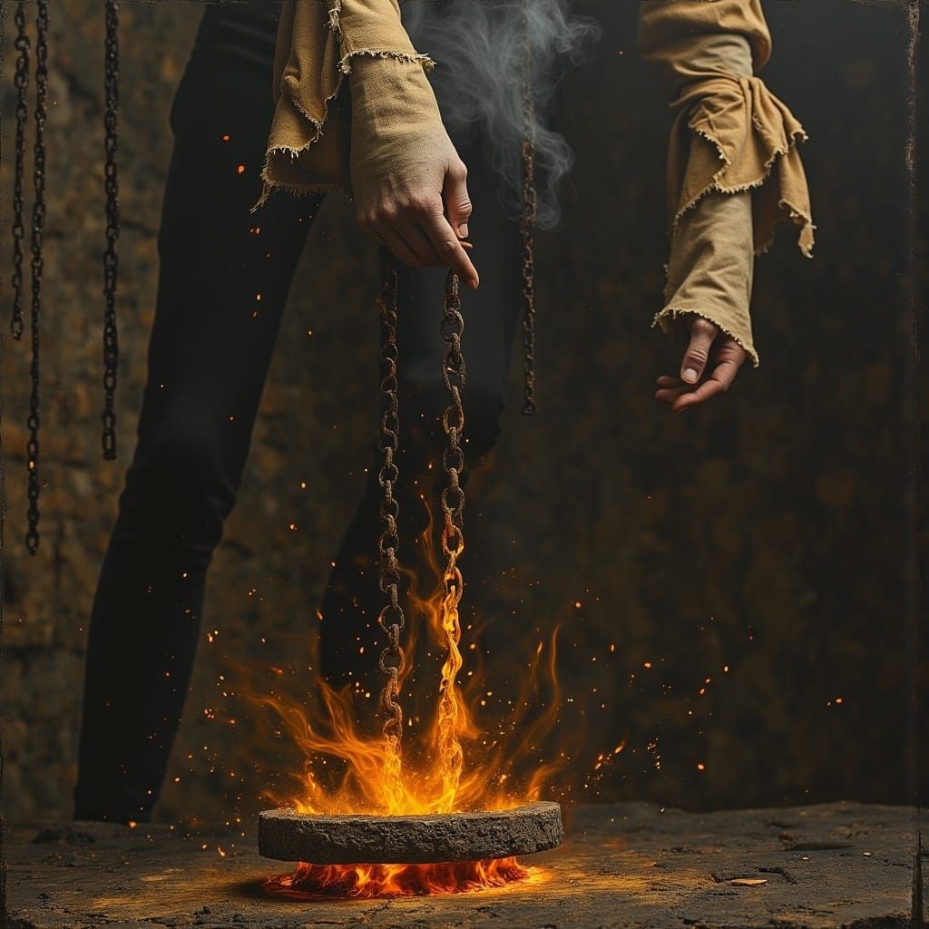 Surreal Dark Surrealist Painting of Clad Hands in Fiery Furn...