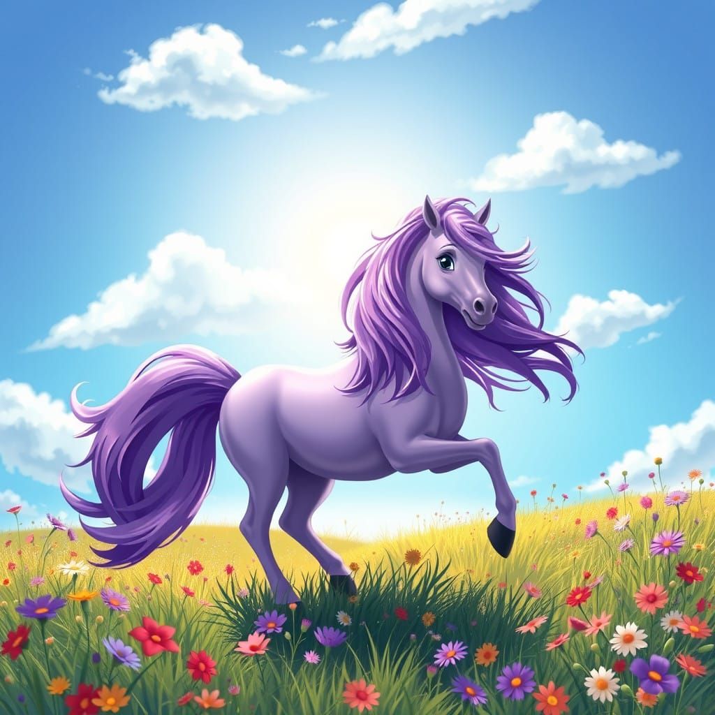 Majestic Violet Pony in Dreamy Meadow Landscape