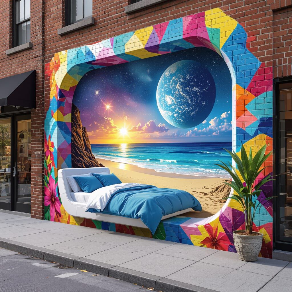 Futuristic Trompe L'oeil Bedroom Painted on City Brick Wall