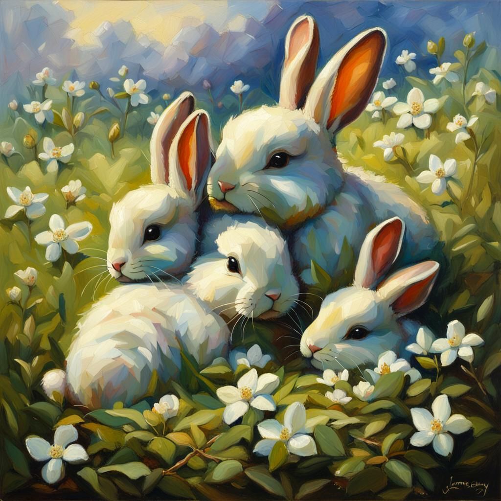 Sleepy Bunnies in Jasmine Meadow, Oil Painting