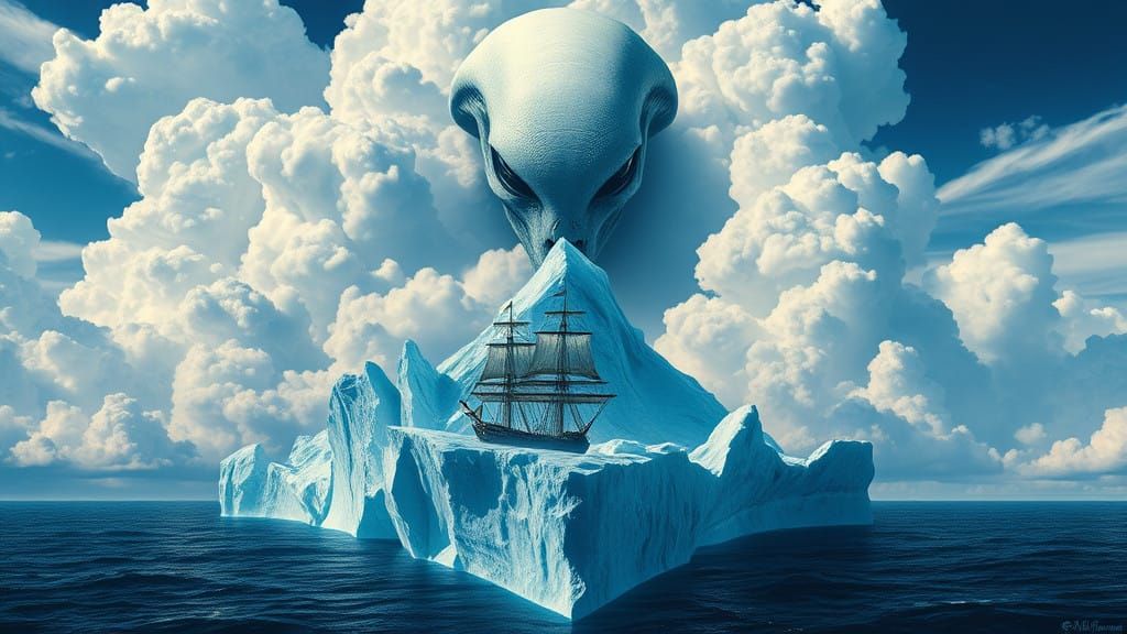 Majestic Alien Portrait in a Dreamlike Oceanic Landscape