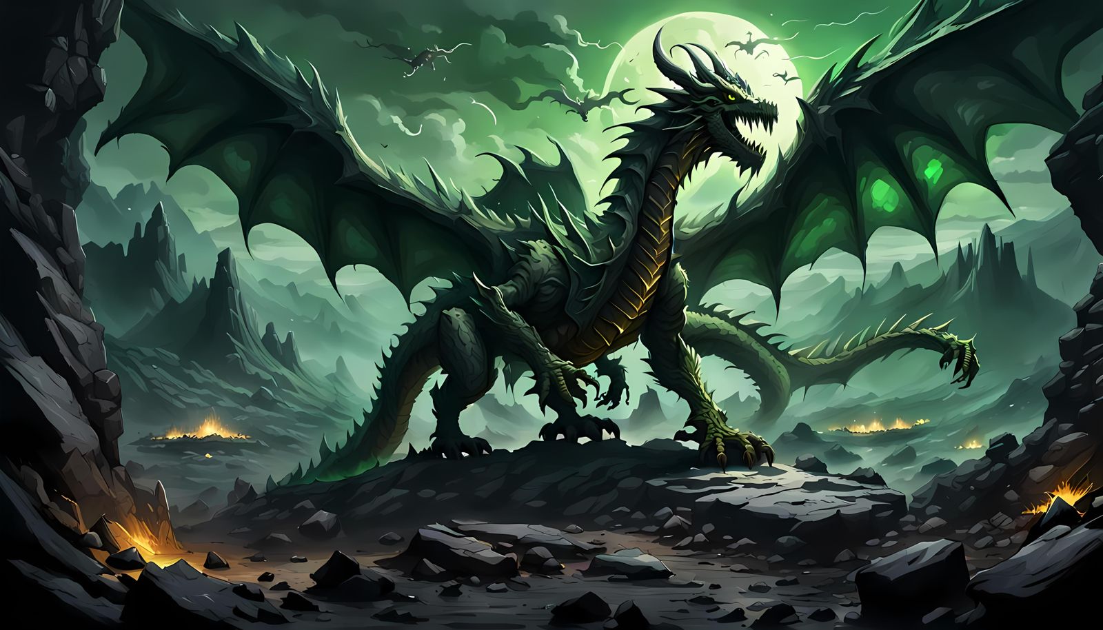 Green Skeletal Dragon's Underworld Journey: Concept Art