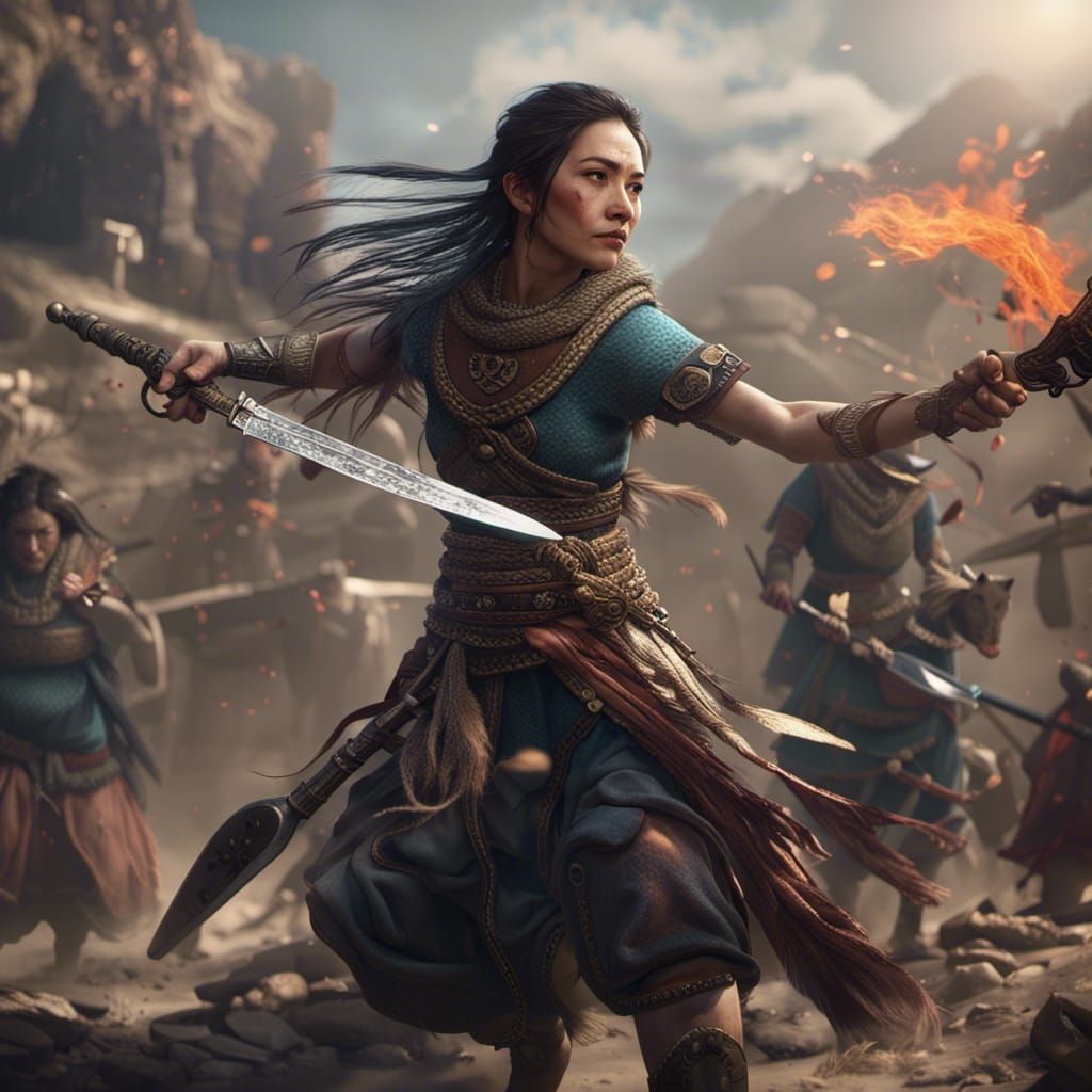 Hazara Warrior Woman in Battle: Detailed Matte Painting