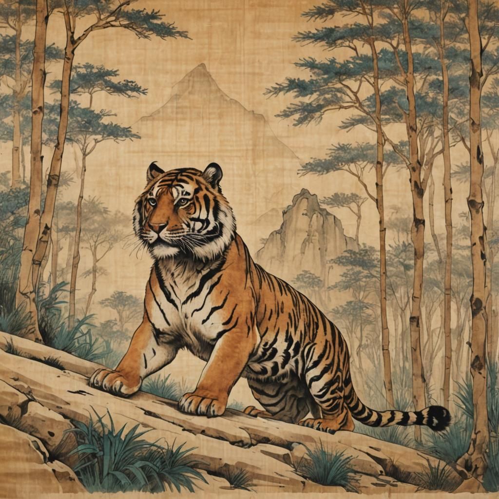 Magnificent Tiger Descending a Wooded Hill
