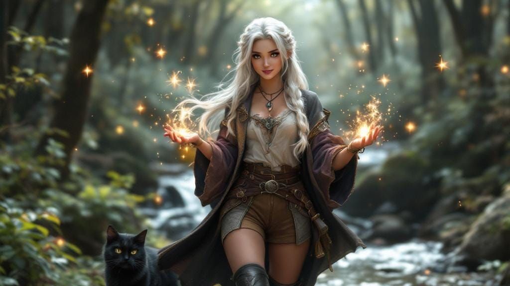 Anime Witch and Black Cat in Forest Setting