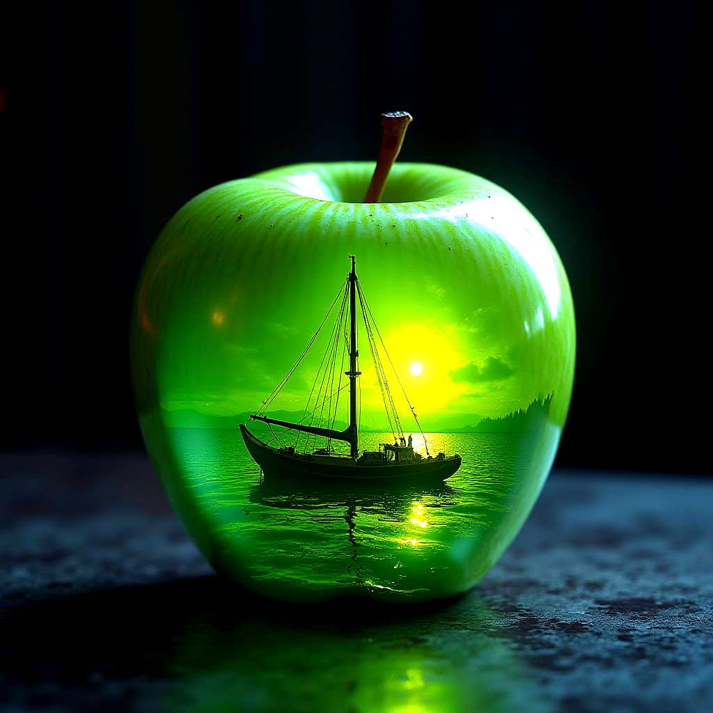 Surrealistic Hyperrealistic Painting of a Green Apple with S...