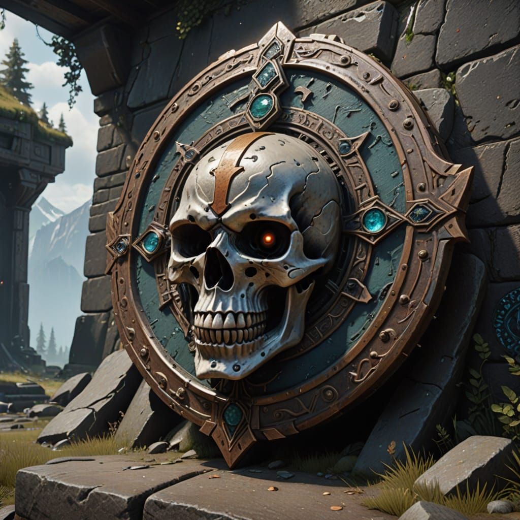 Majestic Shield with Skull and Ancient Runes in a Mystical R...