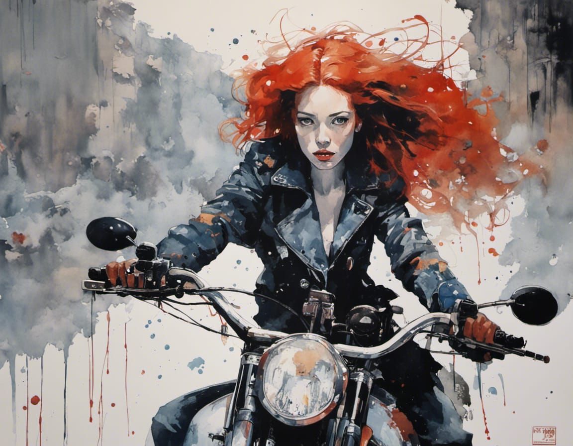 Redhead Girl on Motorcycle in Watercolor Style