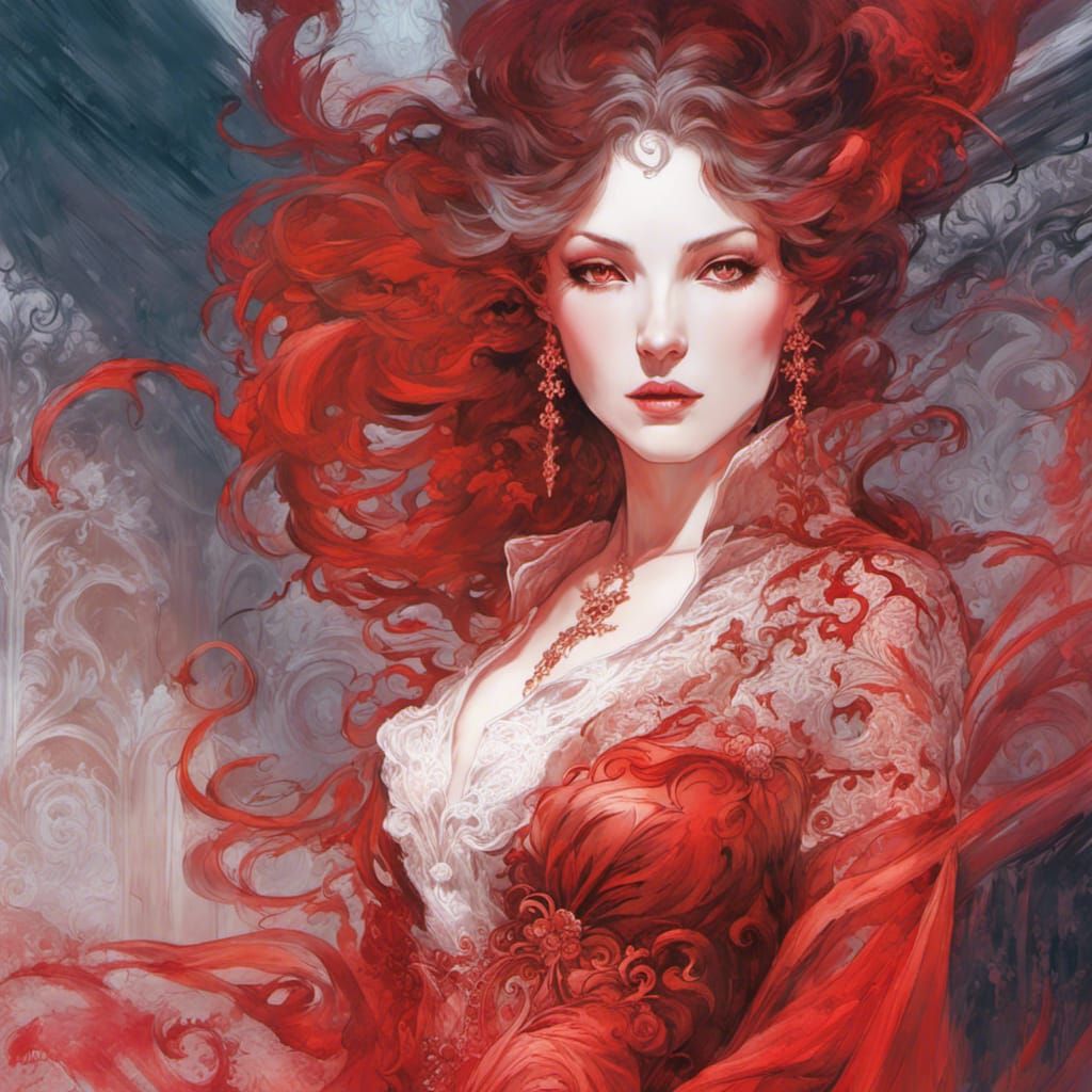 Vampire Woman Portrait with Lace and Ruby Background