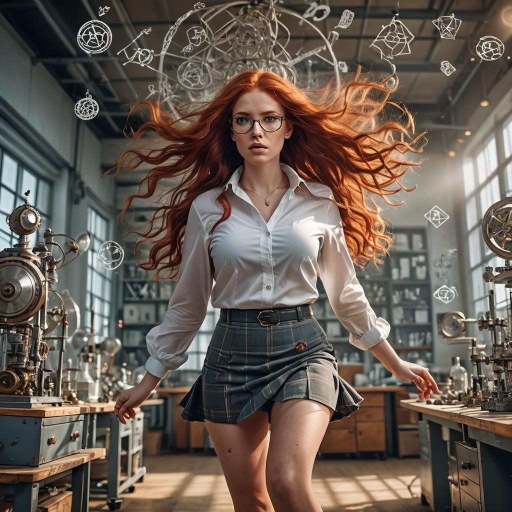 Hyperrealistic Woman with Red Hair in Magic Lab